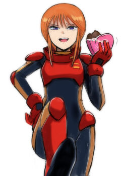 Rule 34 | 1girl, black bodysuit, bodysuit, candy, chocolate, chocolate heart, commentary request, food, gacha-m, gloves, gundam, gundam zz, heart, heart-shaped food, looking at viewer, mecha pilot suit, open mouth, orange hair, pov, purple eyes, puru two, red gloves, short hair, simple background, smile, solo, stepped on, valentine, white background