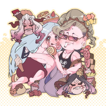 4boys absurdres angry animal_print baggy_pants barefoot bindi black_footwear black_hair black_tank_top blonde_hair brown_robe buddha_(shuumatsu_no_valkyrie) cake candy cheek_tattoo chibi chocolate closed_mouth cone crown crown_hair_ornament crown_ornament cupcake demon_boy demon_horns donut dual_persona earlobes facial_mark facial_tattoo flip-flops food gradient_hair hair_bun hajun_(shuumatsu_no_valkyrie) highres holding holding_hands horns ice_cream jewelry licking licking_lips long_hair loose_hair_strand male_focus multicolored_hair multiple_boys muscular muscular_male nanako_nuchitsu pants pectoral_cleavage pectorals pink_hair pudding puffy_cheeks rabbit_print red_pants robe sandals sharp_teeth shuumatsu_no_valkyrie star-shaped_pupils star_(symbol) sweets symbol-shaped_pupils tank_top tattoo teeth tongue tongue_out two-tone_hair white_hair yaoi zerofuku_(shuumatsu_no_valkyrie)