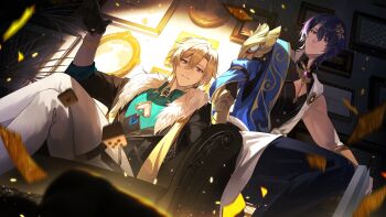 2boys absurdres ancient_greek_clothes armor aventurine_(honkai:_star_rail) black_gloves black_pants black_shirt black_vest blonde_hair blue_eyes cleavage_cutout clothing_cutout collared_shirt couch crossed_legs dice dr._ratio_(honkai:_star_rail) earrings eyeliner eyeshadow fur-trimmed_jacket fur_trim gem gloves gold_trim greco-roman_clothes green_shirt hair_between_eyes hair_ornament highres honkai:_star_rail honkai_(series) huiii_0209 jacket jewelry leaf_hair_ornament light_particles looking_down makeup male_focus multicolored_eyes multiple_boys on_couch orange_eyes pants parted_lips pauldrons picture_frame purple_eyes purple_gemstone purple_hair red_eyeliner red_eyeshadow shirt short_hair shoulder_armor single_earring single_pauldron sitting spotlight toned toned_male tunic two-tone_eyes vest watch white_pants white_tunic wristwatch yaoi