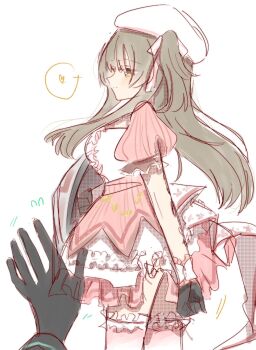 2girls arm_at_side assault_lily beret black_gloves blush breasts brown_hair closed_mouth commentary cowboy_shot dress female_pov floating_hair flying_sweatdrops frilled_thighhighs frills from_side gloves hair_between_eyes hand_up hat hat_ribbon heart highres kuo_shenlin layered_dress long_hair looking_ahead medium_breasts motion_lines multiple_girls official_alternate_costume one_side_up pink_dress pink_ribbon pov pov_hands profile puffy_short_sleeves puffy_sleeves ribbon rui_rui_rui0122 short_sleeves sidelocks simple_background smile solo_focus speech_bubble spoken_heart standing striped_clothes striped_dress thighhighs two-tone_dress two-tone_ribbon vertical-striped_clothes vertical-striped_dress wang_yujia white_background white_dress white_hat white_ribbon white_thighhighs wrist_cuffs yellow_eyes