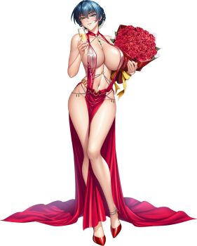 1girl alternate_costume alternate_hairstyle bare_legs bare_shoulders blue_hair bouquet breasts champagne_flute cup curvy dress drink drinking_glass female_focus flower full_body hair_bun highres holding holding_bouquet holding_cup holding_drink igawa_asagi kagami_hirotaka large_breasts lilith-soft linea_alba looking_at_viewer navel no_bra official_alternate_costume red_dress red_flower red_rose red_shoes revealing_clothes rose see-through_clothes see-through_dress shiny_skin shoes smile solo standing taimanin_(series) taimanin_asagi taimanin_rpgx transparent_background wide_hips