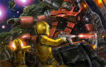 a_baoa_qu aiming artist_request assault_rifle asteroid astronaut battle blue_visor cable cannon damaged debris firing gun guncannon gundam gundam_perfect_file hayato_kobayashi kai_shiden machinery mecha mecha_pilot_suit mobile_suit mobile_suit_gundam normal_suit_(gundam) official_art painting_(medium) realistic rifle robot scan scene_reference science_fiction scope severed_head soldier traditional_media weapon when_you_see_it wreckage zaku_ii