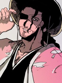 1boy a_nzi_end beard black_hair bleach collarbone commentary_request connected_beard eyepatch facial_hair fingernails grey_background hat highres japanese_clothes kyouraku_shunsui looking_at_viewer male_focus mature_male parted_lips short_hair solo straw_hat upper_body