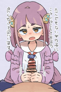 1boy 1girl :o bar_censor blush brown_eyes cardigan censored clothed_female_nude_male collared_shirt commentary_request eyelashes grey_background hair_ornament hairclip handjob lacey_(pokemon) long_sleeves looking_at_viewer medium_hair motion_lines nintendo nude open_cardigan open_clothes open_mouth penis pokemon pokemon_sv purple_hair sagami_sagari shirt sweatdrop translation_request white_shirt