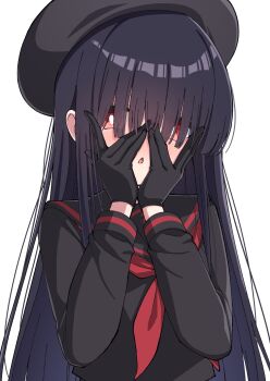 1girl beret black_gloves black_hair black_hat black_sailor_collar blue_archive blush covered_eyes embarrassed gloves hat highres justice_task_force_member_(blue_archive) long_hair open_mouth parted_lips red_eyes sailor_collar simple_background solo tsukimirin upper_body white_background