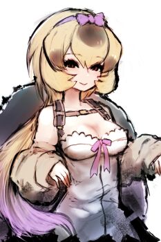 Rule 34 | 1girl, bare shoulders, belt, black eyes, blonde hair, breasts, camisole, cleavage, elbow gloves, gloves, ise (0425), kemono friends, large breasts, long hair, looking at viewer, pinta giant tortoise (kemono friends), purple ribbon, ribbon, simple background, solo, turtle girl, turtle shell