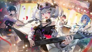 4girls :o artist_request bare_shoulders black_hair black_shorts camisole character_request chasing_kaleidorider choker clothing_cutout collared_leotard confetti crop_top drum drum_set electric_guitar fang feather_boa green_eyes guitar hair_between_eyes highres holding holding_guitar holding_instrument instrument jacket jewelry leotard leotard_under_clothes long_sleeves multicolored_hair multicolored_jacket multiple_girls music nana_(chasing_kaleidorider) necklace official_art one_eye_closed open_mouth parted_lips shirt short_hair short_shorts short_sleeves short_twintails shorts shoulder_cutout single_leg_pantyhose skin_fang sleep_mask smile snowflakes stage streaked_hair streetwear striped_sleeves third-party_source twintails two-tone_jacket uc_(chasing_kaleidorider) white_camisole white_hair white_shirt yellow_eyes zola_(chasing_kaleidorider)