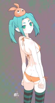 1girl absurdres aqua_hair aqua_thighhighs arms_at_sides artist_name ass bikini black_thighhighs breasts butt_crack clenched_hands closed_mouth commentary cowboy_shot dimples_of_venus expressionless from_behind from_side googly_eyes green_eyes grey_background halterneck hat highres hikimayu kikumaru_bunta light_blush light_frown long_hair looking_at_viewer looking_back looking_to_the_side micro_bikini monogatari_(series) ononoki_yotsugi orange_bikini orange_hat paid_reward_available pale_skin parted_bangs pointy_ears short_eyebrows shoulder_blades side-tie_bikini_bottom sideboob sidelocks signature skindentation small_breasts solo standing swimsuit thick_eyebrows thighhighs translated twintails