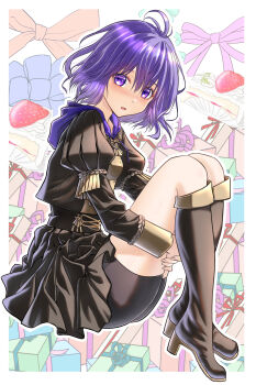 1girl absurdres bernadetta_von_varley bike_shorts black_boots black_shorts blush boots bow box breasts commentary_request dress fire_emblem fire_emblem:_three_houses food fruit garreg_mach_monastery_uniform gift gift_box highres long_sleeves looking_at_viewer nintendo parted_lips purple_eyes purple_hair purple_hood short_hair shorts shorts_under_dress skindentation small_breasts solo strawberry thighs wade_(njud8343)