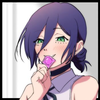 1girl black_choker black_ribbon chainsaw_man choker collared_shirt condom condom_in_mouth green_eyes hair_between_eyes hair_bun jiro_channel light_blush looking_at_viewer mouth_hold neck_ribbon purple_hair reze_(chainsaw_man) ribbon shirt sleeveless sleeveless_shirt solo teeth_hold white_shirt