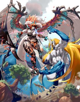 2girls abs absurdres biceps blue_scales breath_weapon breathing_fire cracked_skin destruction dragon_horns dragon_tail dragon_wings dynamic_pose fingernails fire giant giantess gills grey_scales highres horns long_hair monster_girl multiple_girls multiple_horns muscular muscular_female orange_hair original qtime_702 sharp_fingernails skolas slit_pupils spines tail tree watercraft wings