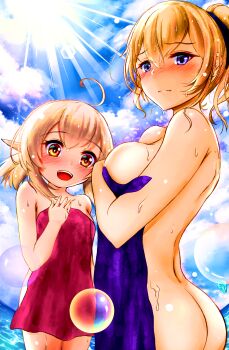 2girls :d absurdres ahoge alternate_costume ass bare_shoulders bareback blonde_hair blue_eyes blue_sky blush bow breasts bubble cleavage cloud cloudy_sky collarbone commentary_request covering_privates fisheye frown genshin_impact hair_between_eyes hair_bow hair_ribbon high_ponytail highres horizon in_water izumikuu jean_(genshin_impact) klee_(genshin_impact) large_breasts light_brown_hair long_hair looking_at_viewer low_twintails multiple_girls naked_towel nude_cover open_mouth orange_eyes pointy_ears ponytail ribbon sidelocks sky small_breasts smile sunlight teeth towel twintails upper_teeth_only wet