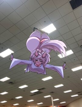 1girl animal_ears animatronic ass bottomless breasts ceiling ceiling_light cleavage elronnyx fingernails five_nights_at_freddy&#039;s five_nights_in_anime_(fangame) fluorescent_lamp fox_ears furry furry_female highres huge_ass huge_breasts large_breasts long_sleeves mangle meme photo_background sadako_ceiling_tv_redraws_(meme) short_hair smile solo static tail television through_medium through_screen tile_ceiling tiles white_hair yellow_eyes