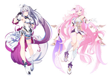 2girls ahoge bell black_flower black_gloves black_shorts blue_eyes boots breasts colored_extremities commentary_request corset dodome-iro_mayonnaise dress elysia_(herrscher_of_human:_ego)_(honkai_impact) elysia_(honkai_impact) flower full_body gloves gradient_hair grey_panties grin high_heels highres honkai_(series) honkai_impact_3rd kiana_kaslana kiana_kaslana_(herrscher_of_finality) large_breasts long_hair looking_at_viewer medium_breasts multicolored_hair multiple_girls panties pink_hair purple_eyes purple_hair purple_hands short_shorts shorts simple_background smile tachi-e thigh_strap thighs tiara two-tone_hair underwear very_long_hair white_background white_boots white_corset white_dress white_gloves white_hair