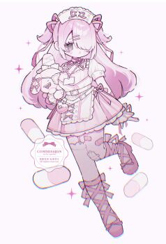 1girl ankle_lace-up artist_name blush commentary commission dress frilled_dress frills full_body grey_eyes hair_ornament hair_over_one_eye hair_ribbon hairclip hat highres holding holding_stuffed_toy long_hair neck_ribbon nurse_cap open_mouth original parallel_hairclips parted_bangs pink_dress pink_hair pink_ribbon pink_shoes ribbon shoes short_sleeves simple_background solo sparkle standing standing_on_one_leg stuffed_animal stuffed_rabbit stuffed_toy symbol-only_commentary two_side_up upa_papa_co watermark white_background white_hat
