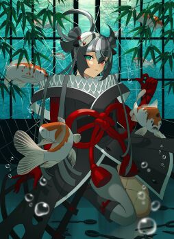 1girl absurdres asymmetrical_legwear bubble carp commentary fate/grand_order fate_(series) gloves green_eyes grey_hair hair_rings heterochromia highres kashin_koji_(fate) kashin_koji_(first_ascension)_(fate) mismatched_legwear neck_ruff red_eyes red_gloves silk spider_web xue_mei_(zyzm3884)