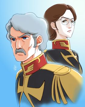1boy 1girl absurdres age_difference aobito_sukoyaka_bystander blue_eyes brown_hair challia_bull commentary_request epaulettes facial_hair glasses grey_hair gundam highres military_rank_insignia military_uniform mobile_suit_gundam mustache science_fiction serious signature simus_al_bakharov yellow_eyes zeon