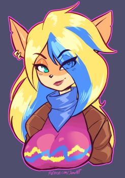 1girl 2022 alternate_breast_size_(larger) alternate_hairstyle animal_ears animal_nose artist_name blonde_hair blue_background blue_hair blue_scarf breasts collared_jacket commentary crash_bandicoot_(series) crash_bandicoot_4:_it's_about_time cropped_torso ear_piercing english_commentary eyebrows_hidden_by_hair female_focus furry furry_female green_eyes hair_over_one_eye half-closed_eyes highres jacket jamoart large_breasts looking_at_viewer multicolored_hair piercing pink_lips pink_shirt popped_collar scarf shirt simple_background solo streaked_hair tawna_bandicoot upper_body