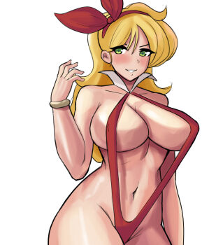 1girl blonde_hair blush bracelet breasts cosplay curly_hair donburi_(donburikazoku) dragon_ball green_eyes hair_ornament hairband highres jewelry large_breasts long_hair looking_at_viewer lunch_(bad)_(dragon_ball) lunch_(dragon_ball) navel simple_background slingshot_swimsuit smile solo standing swimsuit transparent_background vampirella vampirella_(character) vampirella_(character)_(cosplay) white_background