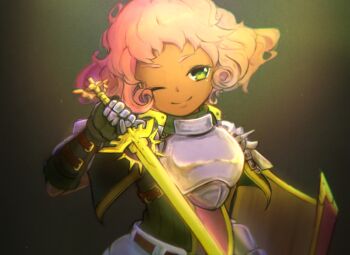 1girl armor belt commentary dark-skinned_female dark_skin etrian_odyssey eyelashes gauntlets green_eyes head_tilt hijikimon2mon holding holding_sword holding_weapon light_particles looking_at_viewer one_eye_closed paladin paladin_(sekaiju) paladin_4_(sekaiju) pants pink_hair ribbed_shirt sekaiju_no_meikyuu sekaiju_no_meikyuu_2 shirt short_hair smile solo sword symbol-only_commentary weapon