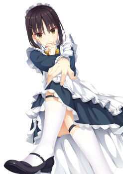 1girl absurdres ankle_strap apron black_dress black_hair black_shoes bow bowtie bun_cover cafe_stella_to_shinigami_no_chou chinese_commentary closed_mouth commentary_request convenient_leg crossed_legs dress dutch_angle earrings eyelashes eyes_visible_through_hair finger_to_mouth foot_out_of_frame foreshortening frilled_apron frilled_dress frills from_below hair_between_eyes hair_bun hair_ornament hairclip hand_on_own_knee highres index_finger_raised jewelry kneehighs light_smile long_sleeves looking_at_viewer maid maid_apron mary_janes medium_hair mole mole_under_eye parallel_hairclips shiki_natsume shoes sidelocks simple_background single_hair_bun sitting socks solo striped_bow striped_bowtie striped_clothes stud_earrings tsurime upskirt white_apron white_background white_socks yellow_bow yellow_bowtie yellow_eyes yuan63901