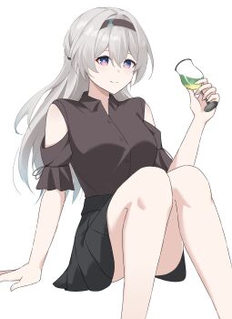 Rule 34 | 1girl, absurdres, alternate costume, bare shoulders, black hairband, black shirt, black skirt, clothing cutout, cup, cupping glass, feet out of frame, firefly (honkai: star rail), grey hair, hairband, hand up, highres, holding, holding cup, honkai: star rail, honkai (series), knees up, long hair, miniskirt, nicel, pleated skirt, purple eyes, shirt, shoulder cutout, simple background, sitting, skirt, smile, solo, very long hair, white background