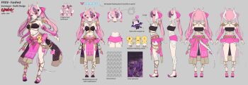 1girl ahoge back black_bra bra breasts chocobo choker commentary dancer detached_sleeves dragon_horns dragon_tail english_commentary epebe final_fantasy final_fantasy_xiv from_behind from_side full_body gold grey_background hair_ornament heart heart_ahoge heart_hair_ornament heterochromia highres horns indie_virtual_youtuber ironmouse legs medium_breasts multicolored_hair official_art pelvic_curtain pink_eyes pink_hair pink_shoes pink_skirt pink_sleeves purple_eyes purple_hair purple_streaks reference_sheet shoes skirt skull_print solo strapless strapless_bra streaked_hair tail thighs twintails underwear virtual_youtuber white_horns wings