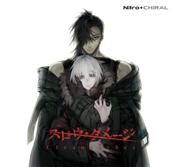 2boys bags_under_eyes baku_(slow_damage) bare_shoulders black_hair black_jacket fur_trim gloves hand_on_another&#039;s_arm hand_on_another&#039;s_hand highres hug jacket looking_at_viewer male_focus multiple_boys nitro+_chiral pale_skin shiro_(slow_damage) size_difference slow_damage slow_damage_clean_dishes tank_top undercut white_background white_hair winter_clothes yamada_uiro yaoi