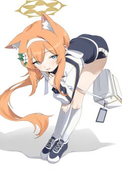 1girl absurdres animal_ear_fluff animal_ears bag bent_over blue_archive blue_eyes blush d_(delt4) flower full_body gym_shorts gym_uniform hair_flower hair_ornament hairband halo highres jacket kneehighs long_hair long_sleeves looking_at_viewer mari_(blue_archive) mari_(track)_(blue_archive) official_alternate_costume open_mouth orange_hair shoes shorts simple_background smile sneakers socks solo track_jacket white_background white_hairband white_socks yellow_halo