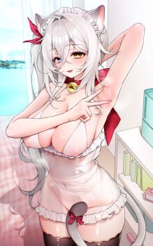 1girl absurdres animal_ears arm_behind_head arm_up armpits bare_arms bare_shoulders bell black_thighhighs blue_eyes bow breasts bright_pupils cat_ears cat_girl cat_tail chano39 choker cleavage commission covered_erect_nipples covered_navel cowboy_shot dress fang frills hair_between_eyes headdress heterochromia highres jingle_bell large_breasts long_hair looking_at_viewer mole mole_under_mouth no_bra no_panties open_mouth original presenting_armpit red_choker see-through_clothes see-through_dress short_dress side_ponytail sleeveless sleeveless_dress smile solo spaghetti_strap spread_armpit standing tail tail_bow tail_censor tail_ornament thighhighs thighs v very_long_hair white_dress white_hair yellow_eyes