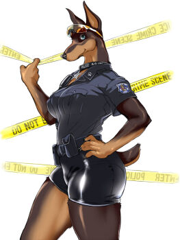 1girl black_shirt black_shorts blue_eyes body_fur breasts brown_fur caution_tape claws commentary_request cowboy_shot dobermann dog_girl eyewear_on_head furry furry_female highres kikurage_(crayon_arts) large_breasts looking_at_viewer original police police_uniform policewoman shirt short_sleeves shorts solo standing sunglasses tail white_background