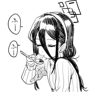 1girl asahina_yoshitoshi blowing_on_food blue_archive closed_eyes greyscale hair_between_eyes halo holding holding_spoon kei_(blue_archive) long_hair long_sleeves monochrome rectangular_halo solo speech_bubble spoon sweater upper_body
