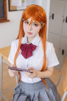 1girl 2024 asian bleach blouse bow breasts brown_eyes chair chalkboard cosplay cosplay_photo desk female_focus hair_ornament hairclip holding holding_phone indoors inoue_orihime inoue_orihime_(cosplay) karakura_high_school_uniform large_breasts lips long_hair looking_at_viewer misaki_chanx orange_hair phone photo_(medium) red_bow school_chair school_desk school_uniform shirt skirt snowflake_hair_ornament thailand_(nationality)