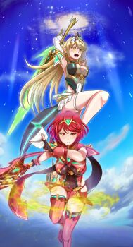 2girls absurdres aegis_sword_(xenoblade) backless_outfit bare_shoulders blonde_hair breasts cloud core_crystal_(xenoblade) covered_navel dress earrings fingerless_gloves floating_earrings gloves highres impossible_clothes jewelry large_breasts long_hair looking_at_viewer microdress multiple_girls mythra_(massive_melee)_(xenoblade) mythra_(xenoblade) nintendo open_mouth pyra_(xenoblade) red_eyes red_hair red_shorts samu_poteto short_hair short_shorts shorts skindentation sky smash_invitation super_smash_bros. swept_bangs thighhighs tiara very_long_hair weapon white_dress white_gloves xenoblade_chronicles_(series) xenoblade_chronicles_2 yellow_eyes