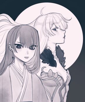 Rule 34 | 2girls, ahoge, alternate costume, asmoday (genshin impact), blunt bangs, breasts, bucumberr, cleavage, closed mouth, commentary, couch, couple, earrings, english commentary, floating hair, formal clothes, from side, fur trim, genshin impact, hair between eyes, hair down, hair floating upwards, highres, japanese clothes, jewelry, kimono, looking at viewer, looking to the side, medium breasts, monochrome, multiple girls, no mole, raiden shogun, shade, spotlight, suit, upper body, wavy hair, yuri