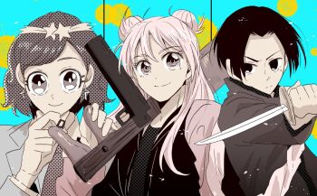 1girl 2boys amamiya_reiichiro angry black_hair blue_background ghost_fixers gun hand_on_chin holding holding_weapon jacket kagome_hifumi katana kirarazaka_moka looking_at_viewer mask multiple_boys smile submachine_gun sword weapon