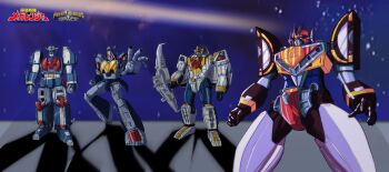 1980s_(style) absurdres animification astro_megazord character_request clenched_hands delta_mega delta_megazord denji_sentai_megaranger galaxy_mega gattai highres looking_ahead machine mecha mega_voyager mega_winger no_humans oldschool oobari_masami_(style) orange_eyes power_rangers power_rangers_in_space retro_artstyle robot science_fiction super_robot super_sentai tokusatsu zakman-wahid