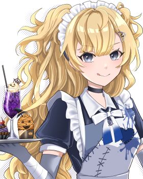 1girl absurdres apron black_choker blonde_hair blue_dress blue_eyes choker cupcake dress drink elbow_gloves food gloves grey_eyes grey_gloves hair_ornament hairclip halloween halloween_costume highres holding holding_tray kantai_collection long_hair looking_at_viewer maid maid_headdress minneapolis_(halloween)_(kancolle) minneapolis_(kancolle) official_alternate_costume patchwork_clothes simple_background smile solo tongue tongue_out tray two_side_up upper_body wavy_hair white_apron white_background ym_1221 zombie_costume