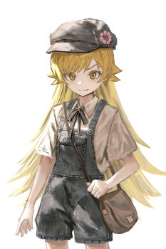 Rule 34 | 1girl, absurdres, arm at side, bag, black hat, black ribbon, blonde hair, brown bag, closed mouth, cokei, cowboy shot, donut, dot nose, dress shirt, fang, food, food-themed hat ornament, grey overalls, hair flaps, hat, hat ornament, highres, holding strap, light blush, long hair, looking at viewer, monogatari (series), neck ribbon, newsboy cap, oshino shinobu, overall shorts, overalls, pointy ears, pon de ring, ribbon, shirt, short sleeves, shoulder bag, sidelighting, sidelocks, simple background, solo, spiked hair, v-shaped eyebrows, very long hair, white background, white shirt, yellow eyes