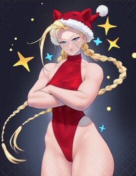 1girl ahoge animal_hat artist_name bare_shoulders blonde_hair blue_eyes braid breasts cammy_white capcom cat_hat covered_abs covered_navel crossed_arms curvy facial_scar fur-trimmed_headwear fur_trim gabriel_carrasquillo hat highleg highleg_leotard highres huge_ahoge leotard long_hair looking_at_viewer medium_breasts red_leotard santa_hat scar scar_on_cheek scar_on_face shiny_skin sleeveless_turtleneck_leotard solo street_fighter street_fighter_6 taut_leotard thick_thighs thighs thong_leotard toned twin_braids very_long_hair wide_hips