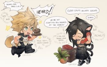 Rule 34 | 1boy, 1girl, 4k1030, absurdres, animal ears, apron, arm ribbon, black apron, black hair, black pants, black sleeves, blue eyes, cat ears, cat tail, cloud strife, commentary, english commentary, english text, fang, final fantasy, final fantasy vii, final fantasy vii: advent children, flying sweatdrops, full body, highres, holding, holding phone, holding plate, kemonomimi mode, long hair, midriff peek, motion lines, open mouth, pants, phone, plant, plate, potted plant, red ribbon, ribbon, running, shirt, short hair, skin fang, sleeveless, sleeveless shirt, speech bubble, spiked hair, sweatdrop, tail, talking on phone, tifa lockhart, twitter username, waist apron, white apron