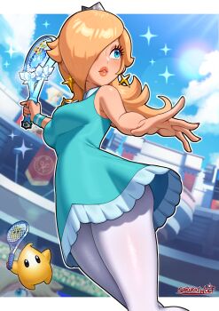 Rule 34 | 1girl, absurdres, aqua dress, bare shoulders, blonde hair, blue dress, blue eyes, blue sky, breasts, brooch, commentary, crown, dress, earrings, english commentary, grey crown, hair over one eye, highres, holding, holding tennis racket, jewelry, large breasts, long hair, luma (mario), mario (series), mario tennis, mario tennis fever, nintendo, official alternate costume, outdoors, pantyhose, parted lips, racket, rosalina, rosalina (sports), sarukaiwolf, silver crown, sky, sleeveless, sleeveless dress, sparkle, star (symbol), star brooch, star earrings, tennis, tennis dress, tennis racket, white pantyhose, wristband