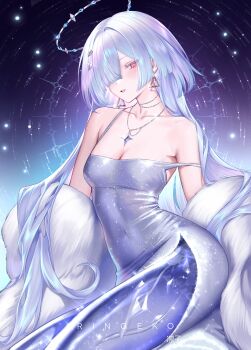 1girl alternate_costume artist_name bare_shoulders breasts cleavage collarbone colored_eyelashes commentary covered_navel dress earrings gradient_background grey_dress grey_hair hair_intakes hair_ornament hair_over_one_eye halo highres jewelry light_blush long_hair looking_at_viewer medium_breasts mornye_(wuthering_waves) necklace paid_reward_available parted_lips purple_background red_eyes ringeko-chan see-through_body side_slit solo star_(symbol) star_necklace strap_slip triangle_earrings wuthering_waves