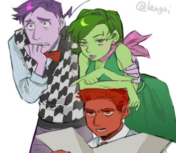 1girl 2boys anger_(inside_out) artist_name bandana bare_shoulders blue_shirt bow bowtie breasts chinese_commentary collared_shirt colored_skin commentary_request cowboy_shot disgust_(inside_out) disney dress earrings eyelashes fear_(inside_out) fingernails green_dress green_eyes green_hair green_skin grey_vest half-closed_eyes hand_on_own_chin hand_up highres holding holding_map inside_out jewelry kugai697139 long_sleeves looking_to_the_side map medium_breasts multiple_boys nail_polish open_mouth pants pink_bandana pink_lips pink_nails pixar puffy_long_sleeves puffy_sleeves purple_eyes purple_hair purple_pants red_bow red_bowtie red_eyes red_hair red_skin shirt short_hair simple_background sleeveless sleeveless_dress standing striped_clothes striped_shirt sweater_vest teeth vertical-striped_clothes vertical-striped_shirt vest white_background white_shirt white_sweater_vest