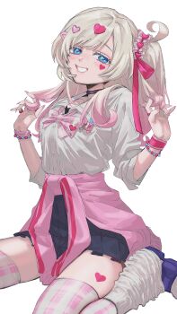 1girl absurdres bead_bracelet beads black_choker black_skirt blonde_hair blue_eyes bow bowtie bracelet choker clothes_around_waist commentary dr.k_(doctorkodok) facial_mark grin gyaru hair_ornament hair_scrunchie hairclip heart heart_facial_mark heart_hair_ornament highres jacket jacket_around_waist jewelry kedarui_aashii kimi_no_koto_ga_dai_dai_dai_dai_daisuki_na_100-nin_no_kanojo kogal long_hair looking_at_viewer loose_bowtie mark_under_eye miniskirt pink_bow pink_bowtie pink_jacket pleated_skirt scrunchie shirt side_ponytail simple_background sitting skirt smile solo thighhighs w_arms wariza white_background white_shirt wristband zettai_ryouiki