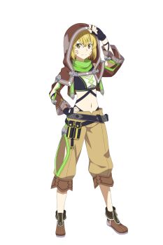 10s 1girl argo_the_rat belt blonde_hair facial_mark female_focus fingerless_gloves full_body gloves hand_on_own_hip highres hood looking_at_viewer navel short_hair smile solo sword_art_online sword_art_online:_hollow_realization transparent_background whisker_markings yellow_eyes