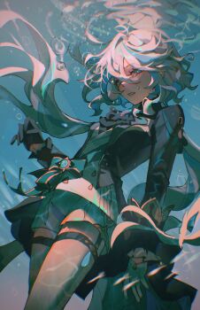 1girl absurdres ahoge air_bubble ascot black_gloves blue_ascot blue_bow blue_eyes blue_gem blue_hair bow brooch bubble chromatic_aberration commentary crying crying_with_eyes_open english_commentary furina_(genshin_impact) gem genshin_impact gloves hair_between_eyes heterochromia highres jewelry long_hair multicolored_hair oastlv outdoors reflection reflective_liquid shorts sidelocks solo streaked_hair teardrop tears two-tone_hair underwater vision_(genshin_impact) water white_gloves white_shorts