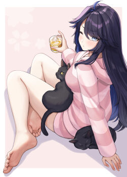 1girl absurdres animal bare_legs barefoot black_cat black_hair blue_eyes blue_hair cat cup drink feet highres holding holding_animal holding_cat holding_cup indie_virtual_youtuber kson long_hair one_eye_closed sahara1127 soles sweater toes virtual_youtuber