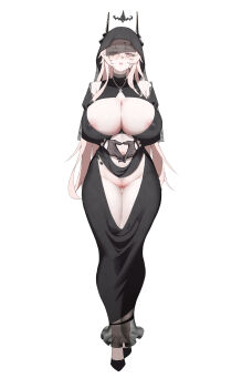 1girl absurdres alternate_breast_size_(larger) alternate_costume areola_slip arknights bare_shoulders black_dress black_gloves black_shoes blonde_hair blush breasts center_opening covered_erect_nipples detached_sleeves dress female_pubic_hair full_body gloves gluteal_fold highres horns huge_breasts jewelry long_hair long_sleeves looking_at_viewer navel necklace own_hands_together parted_lips pubic_hair pussy red_eyes see-through_clothes shoes simple_background solo standing theresa_(arknights) thigh_gap uncensored veil very_long_hair white_background wristband yat_(tsmn7245)