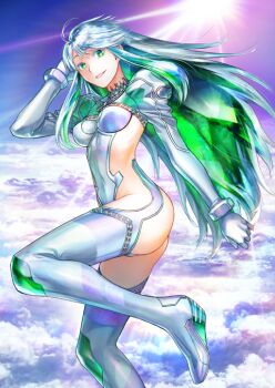 1girl above_clouds ahoge arm_at_side arm_behind_head arm_up ass blue_hair boots breasts breasts_apart cloud colored_eyelashes covered_navel fate/grand_order fate_(series) floating_hair foot_out_of_frame game_cg gloves green_eyes green_hair high_heel_boots high_heels highleg highleg_leotard hiroe_rei impossible_clothes juliet_sleeves kukulkan_(fate) kukulkan_(second_ascension)_(fate) leg_up leotard lips long_hair long_sidelocks long_sleeves medium_breasts official_art parted_lips puffy_sleeves science_fiction sideless_leotard sideless_outfit sidelocks smile solo teeth thigh_boots third-party_source variant_set very_long_hair white_boots white_gloves white_leotard